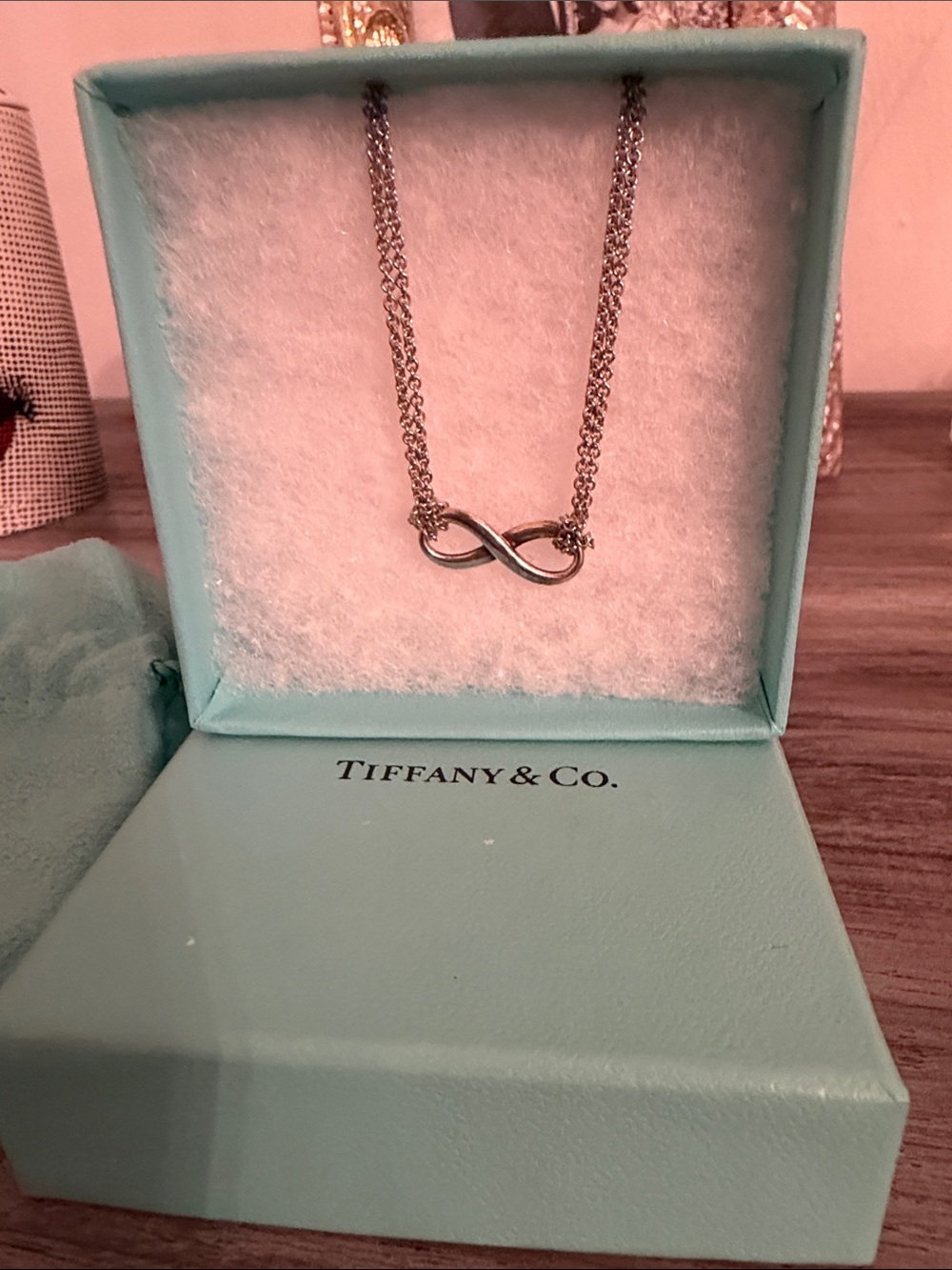 Tiffany & Co. Silver Infinity Pendant Necklace with Blue Box